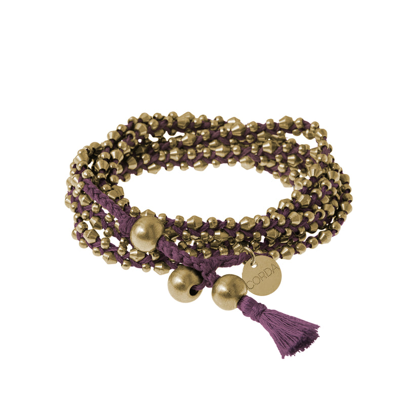 Aubergine Purple Braided Necklace and Bracelet Wrap in Brass Beads. The Stellina Wrap by Corda.