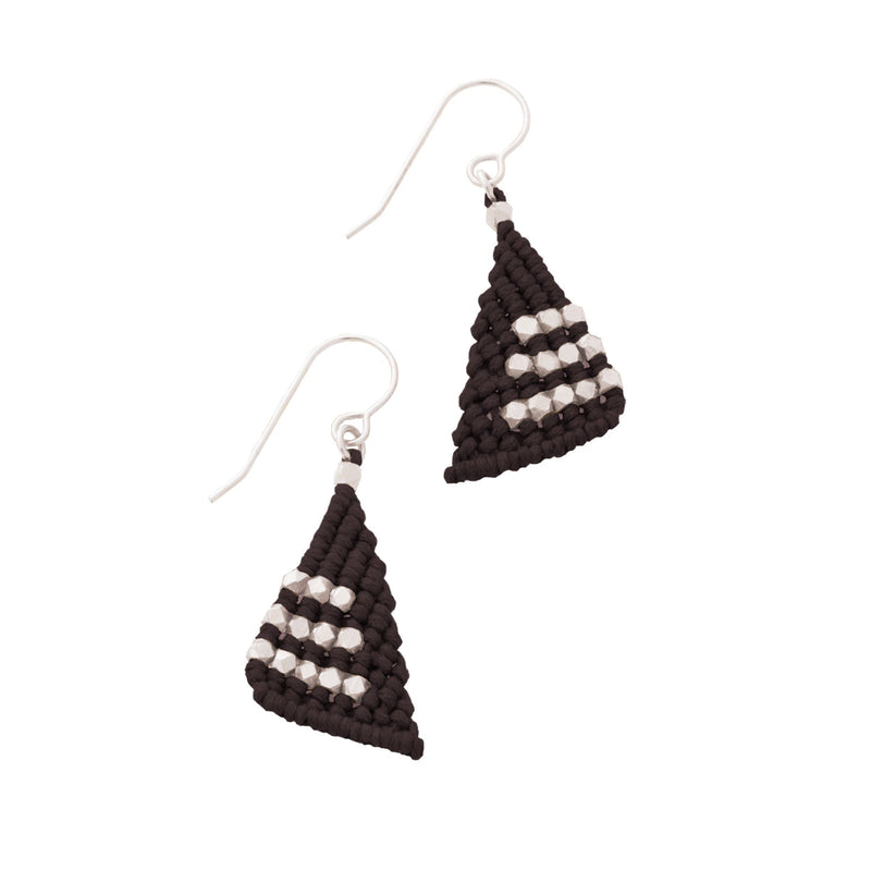 Triangular shaped, coffee colored cotton cord macrame earrings knotted with faceted silver nugget beads on sterling silver french ear wires.  