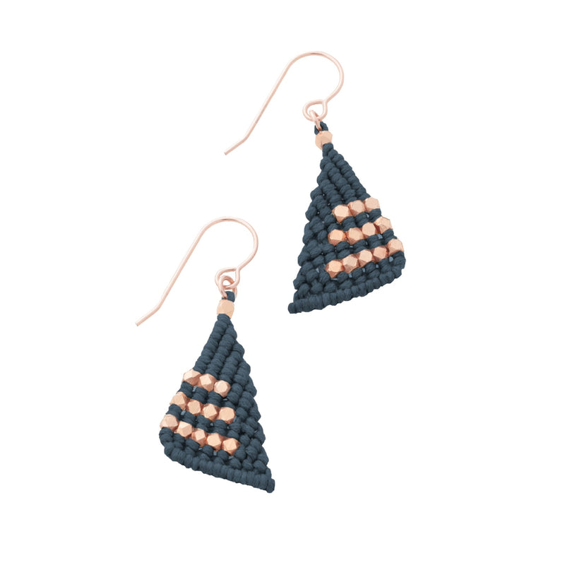 Denim blue triangular macrame earrings knotted with faceted rose gold nugget beads on 14K Rose Gold fill french ear wires.