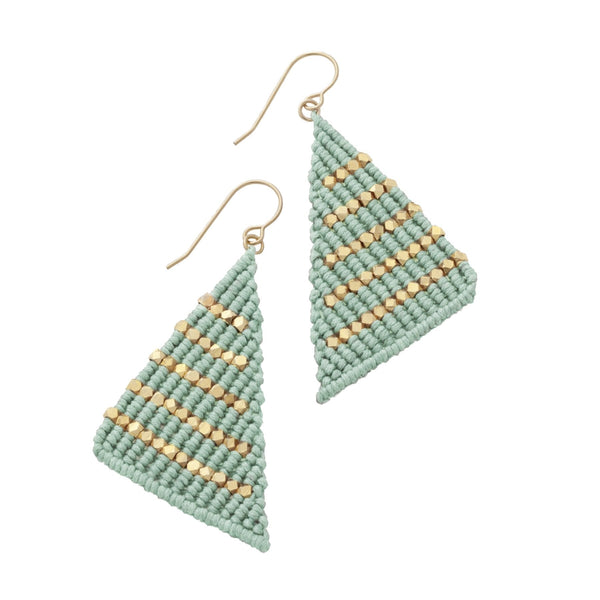 Mint and Gold triangle shaped macrame earrings inspired by Butterfly wings. Boho chic style meets Modern Macrame. Artisan made in India. Gifts that give hope.