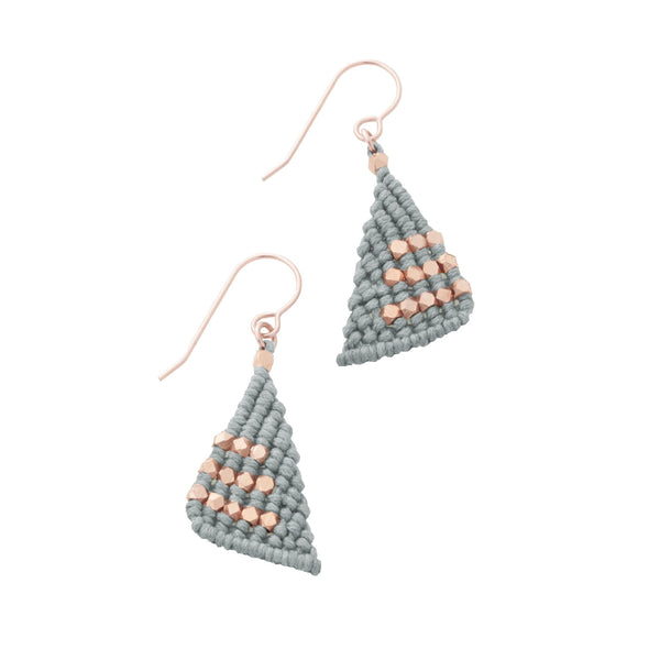 Light grey triangular macrame earrings knotted with faceted rose gold nugget beads on 14K Rose Gold fill french ear wires.