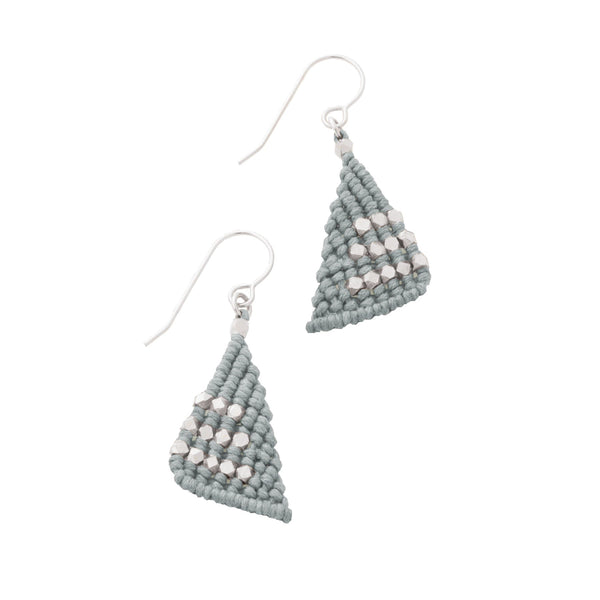 Steel Grey triangular macrame earrings knotted with faceted silver nugget beads on sterling silver french ear wires.  