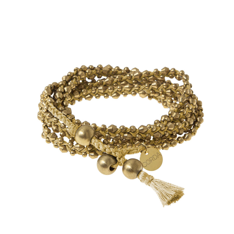 Ochre Braided Necklace and Bracelet Wrap in Brass Beads. The Stellina Wrap by Corda.