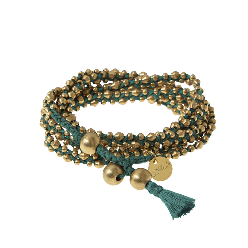 Teal Braided Necklace and Bracelet Wrap in Brass Beads. The Stellina Wrap by Corda.