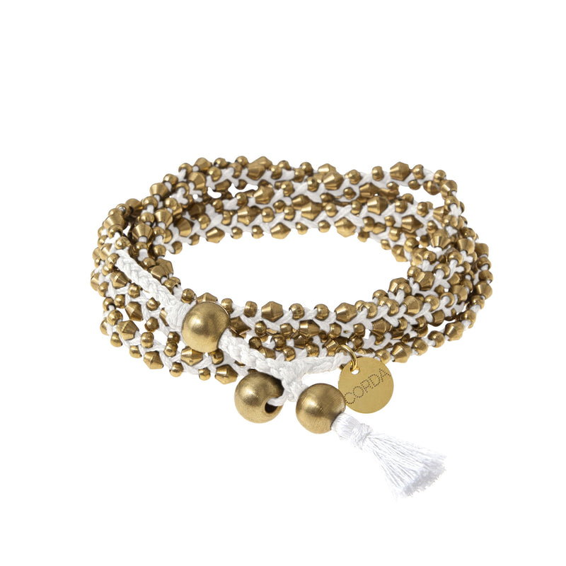White Braided Necklace and Bracelet Wrap in Brass Beads. The Stellina Wrap by Corda.