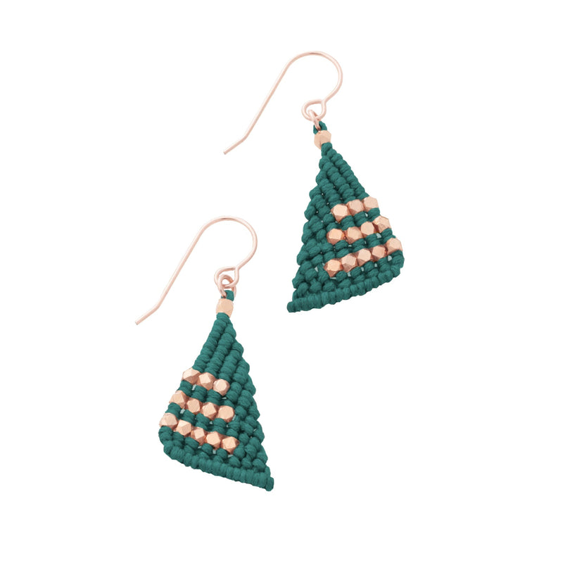 Teal green triangular macrame earrings knotted with faceted rose gold nugget beads on 14K Rose Gold fill french ear wires.