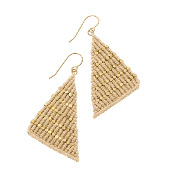 Apricotand Gold triangle shaped macrame earrings inspired by Butterfly wings. Boho chic style meets Modern Macrame. Artisan made in India. Gifts that give hope.
