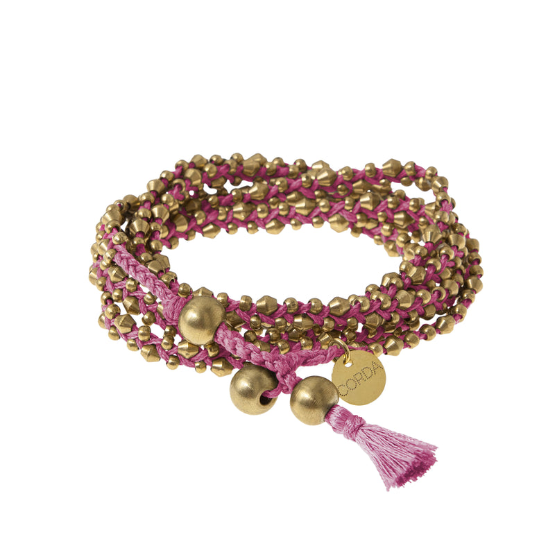Berry Pink Braided Necklace and Bracelet Wrap in Brass Beads. The Stellina Wrap by Corda.