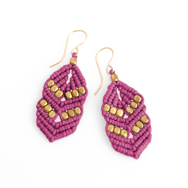 Berry Pink Gold Modern Macrame Chevron Beaded Earrings 