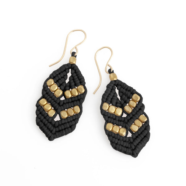 Black Gold Modern Macrame Chevron Beaded Earrings 