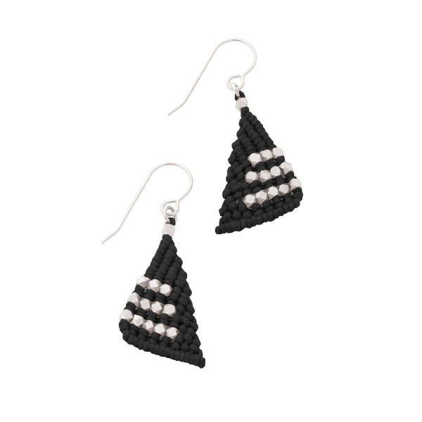 Triangular shaped, black cotton cord macrame earrings knotted with faceted silver nugget beads on sterling silver french ear wires.  