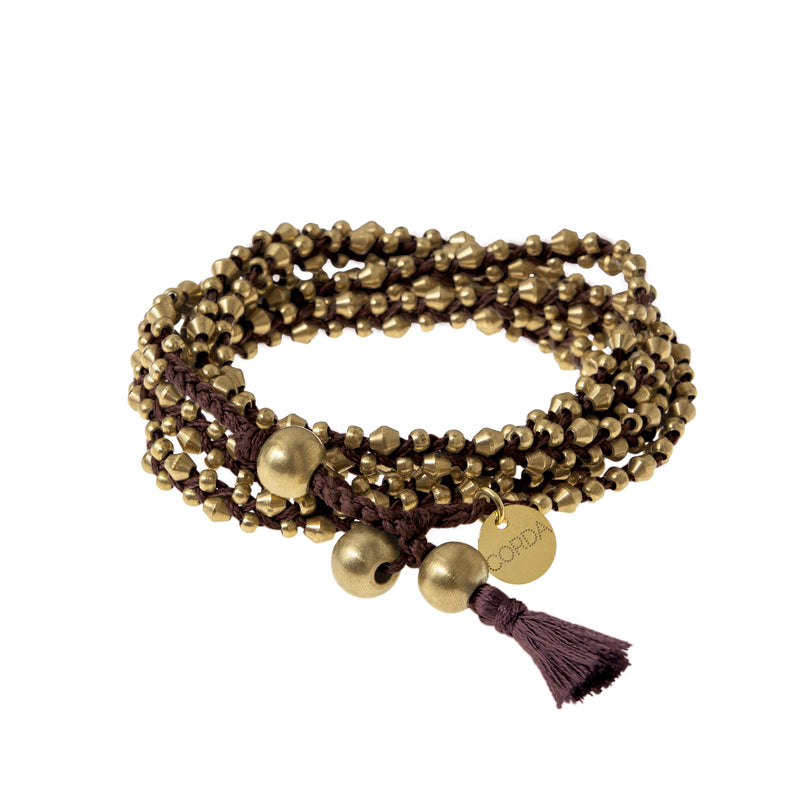 Cacao Brown Braided Necklace and Bracelet Wrap in Brass Beads. The Stellina Wrap by Corda.