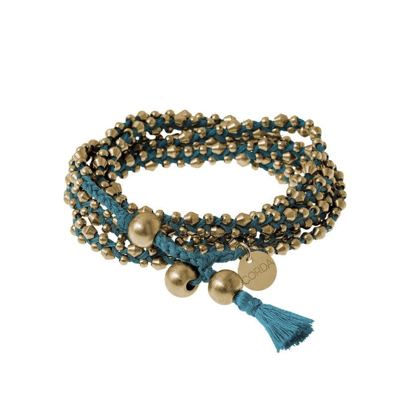 Cerulean Blue Braided Necklace and Bracelet Wrap in Brass Beads. The Stellina Wrap by Corda.