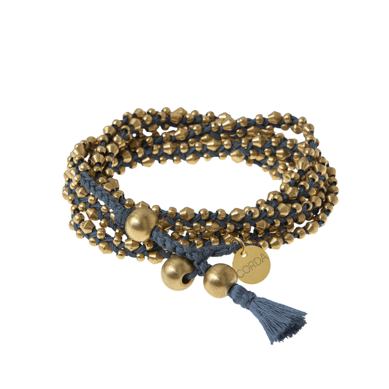 Denim Blue Braided Necklace and Bracelet Wrap in Brass Beads. The Stellina Wrap by Corda.