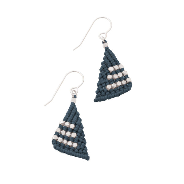 Denim blue triangular shaped cotton cord macrame earrings knotted with faceted silver nugget beads on sterling silver french ear wires.  