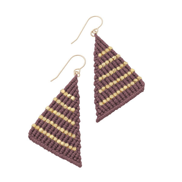 Fig and Gold triangle shaped macrame earrings inspired by Butterfly wings. Boho chic style meets Modern Macrame. Artisan made in India. Gifts that give hope.