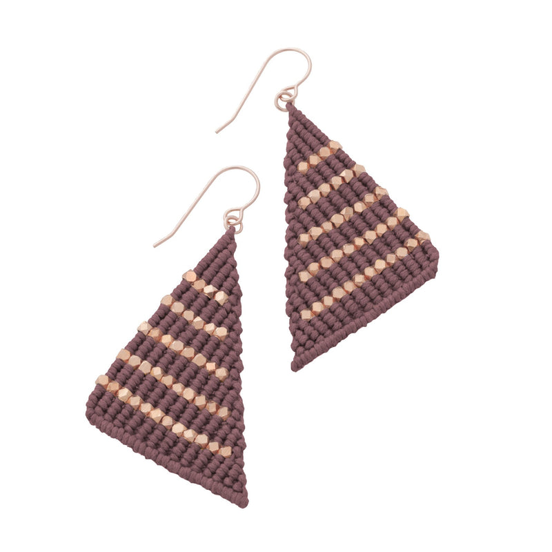 Fig and Rose Gold triangle shaped macrame earrings inspired by Butterfly wings. Boho chic style meets Modern Macrame. Artisan made in India. Gifts that give hope.