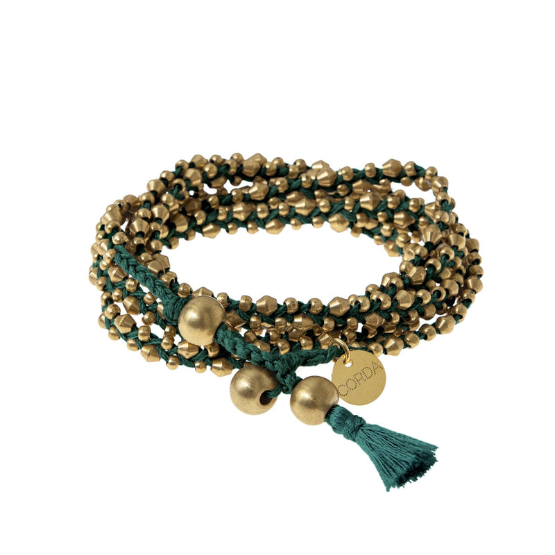 Forest Green Braided Necklace and Bracelet Wrap in Brass Beads. The Stellina Wrap by Corda.