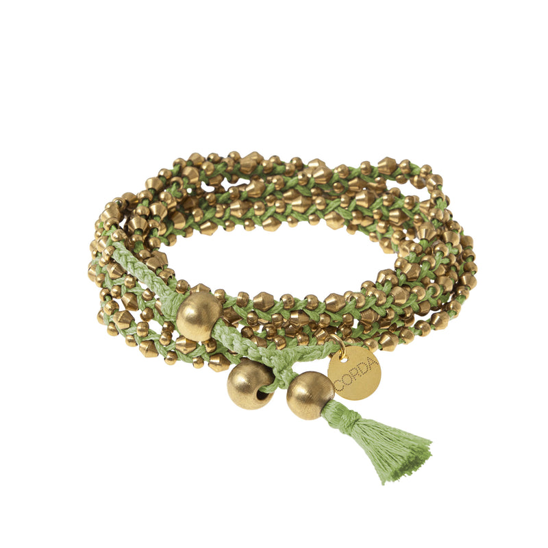 Lime Green Braided Necklace and Bracelet Wrap in Brass Beads. The Stellina Wrap by Corda.