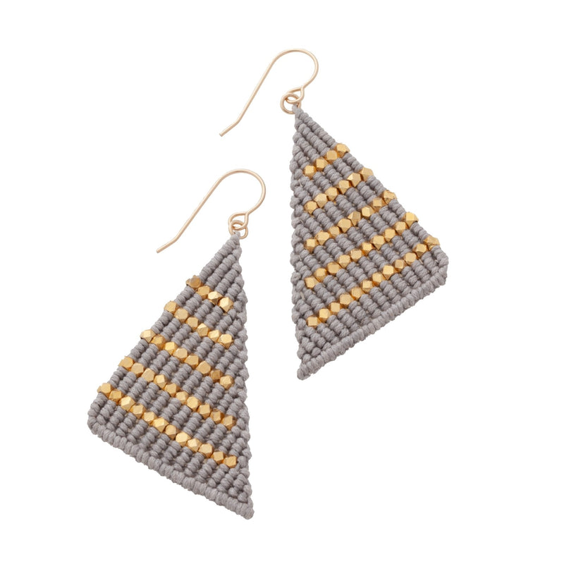 Grey and Gold triangle shaped macrame earrings inspired by Butterfly wings. Boho chic style meets Modern Macrame. Artisan made in India. Gifts that give hope.