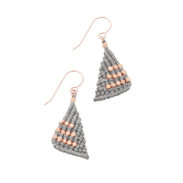 Steel grey triangular macrame earrings knotted with faceted rose gold nugget beads on 14K Rose Gold fill french ear wires.