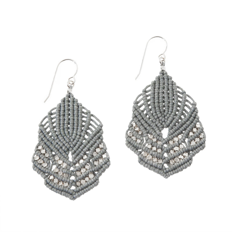 Grey feather-shaped Macrame Statement Earrings by CORDA