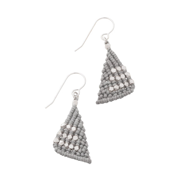 Light Grey triangular macrame earrings knotted with faceted silver nugget beads on sterling silver french ear wires.  