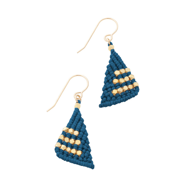 Indigo blue triangular macrame earrings knotted with faceted gold nugget beads on 14K Gold fill french ear wires.