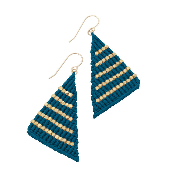 Indigo and Gold triangle shaped macrame earrings inspired by Butterfly wings. Boho chic style meets Modern Macrame. Artisan made in India. Gifts that give hope.