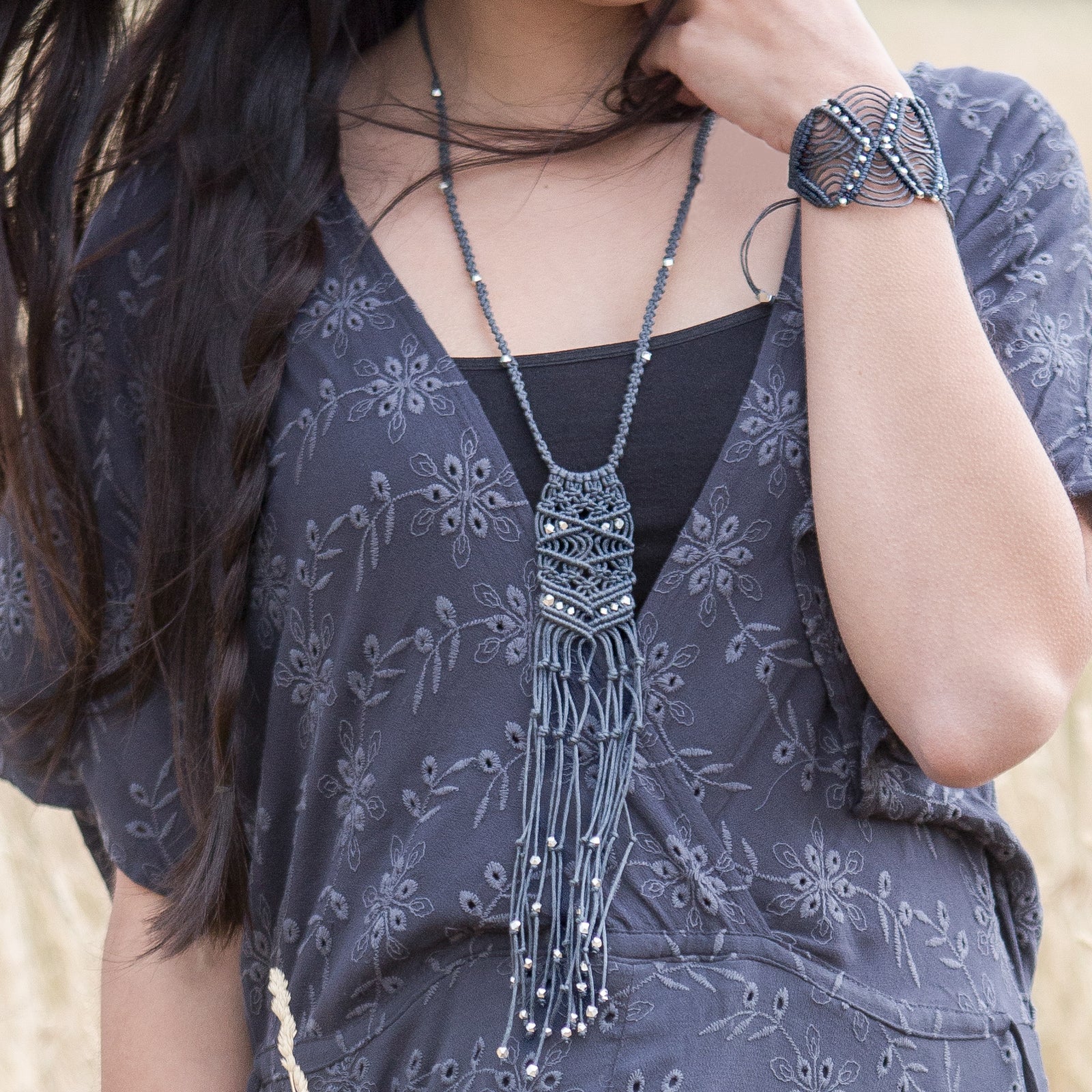 Kalliope Silver Beaded Fringe Macrame Necklace – CORDA