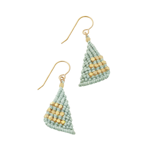 Teal green triangular macrame earrings knotted with faceted gold nugget beads on 14K Gold fill french ear wires.