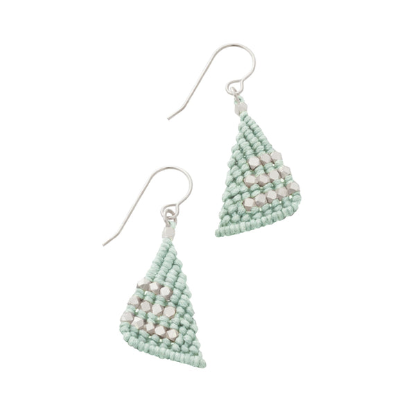 Mint triangular macrame earrings knotted with faceted silver nugget beads on sterling silver french ear wires.  