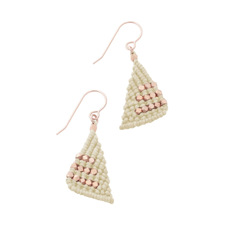 Natural triangular macrame earrings knotted with faceted rose gold nugget beads on 14K Rose Gold fill french ear wires.