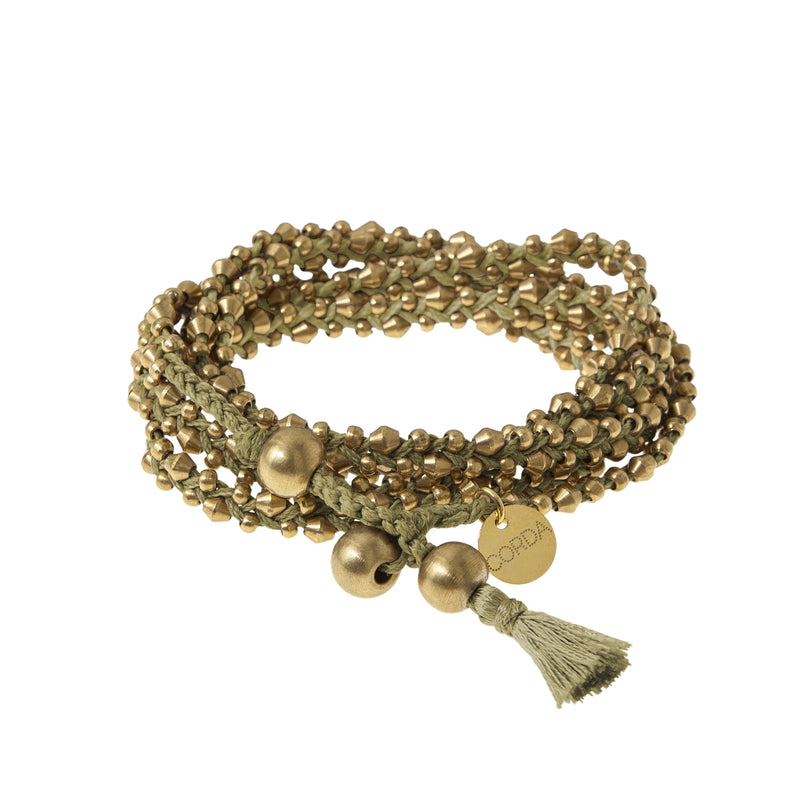 Olive Green Braided Necklace and Bracelet Wrap in Brass Beads. The Stellina Wrap by Corda.