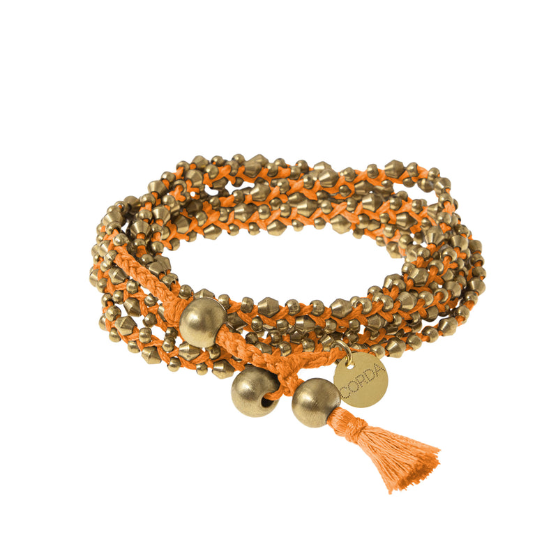 Orange Braided Necklace and Bracelet Wrap in Brass Beads. The Stellina Wrap by Corda.