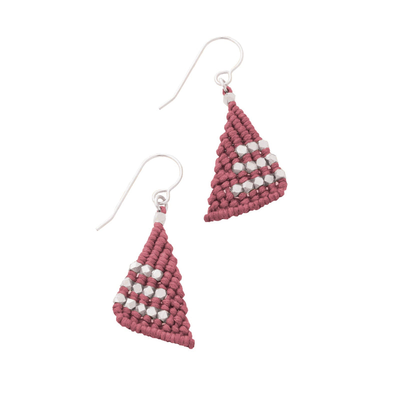 Red Pomegranate Earrings for the holidays. Give the gift of sparkle. Triangular Macrame earrings with faceted silver beads