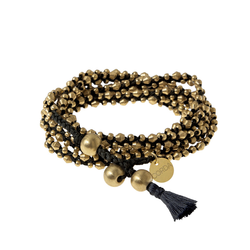 Black Braided Necklace and Bracelet Wrap in Brass Beads. The Stellina Wrap by Corda.