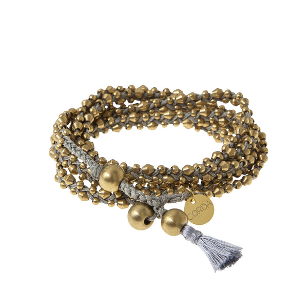Light Grey Braided Necklace and Bracelet Wrap in Brass Beads. The Stellina Wrap by Corda.