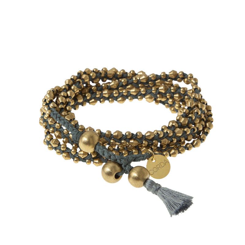 Lichen Green Braided Necklace and Bracelet Wrap in Brass Beads. The Stellina Wrap by Corda.