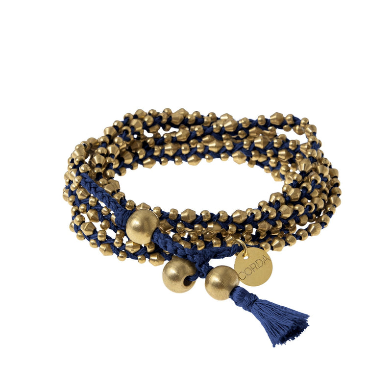 Navy Braided Necklace and Bracelet Wrap in Brass Beads. The Stellina Wrap by Corda.