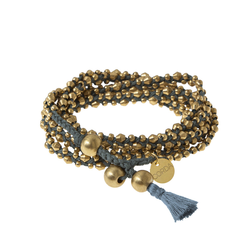 Slate Blue Braided Necklace and Bracelet Wrap in Brass Beads. The Stellina Wrap by Corda.