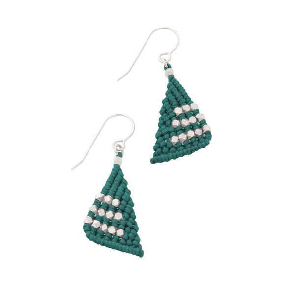 Teal triangular macrame earrings knotted with faceted silver nugget beads on sterling silver french ear wires.  