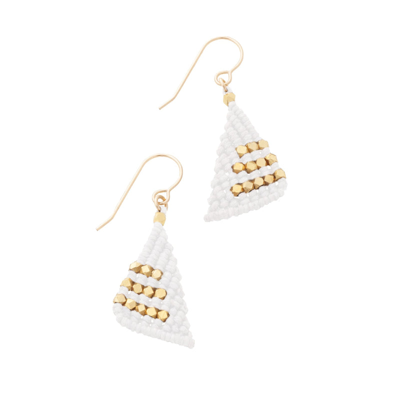 Natural triangular macrame earrings knotted with faceted gold nugget beads on 14K Gold fill french ear wires.