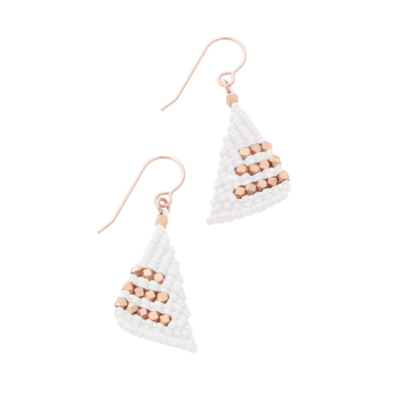 White triangular macrame earrings knotted with faceted rose gold nugget beads on 14K Rose Gold fill french ear wires.
