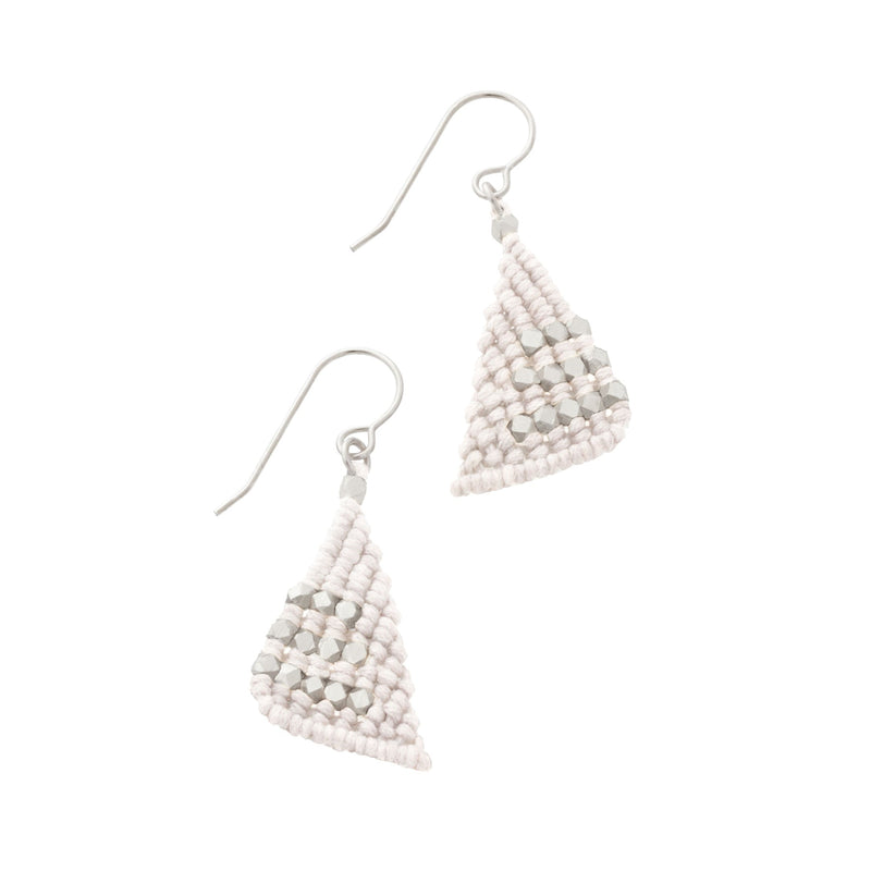 White triangular macrame earrings knotted with faceted silver nugget beads on sterling silver french ear wires.  